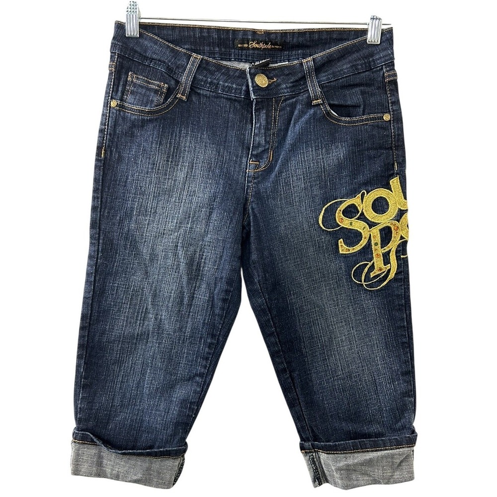 Southpole Embroidered Denim Capri Pants 9 Blue Rhinestone Y2K McBling Streetwear